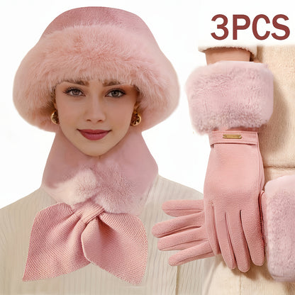 3-teiliges Hut Schal Handschuh Set Damen Winter mit Kunstpelz