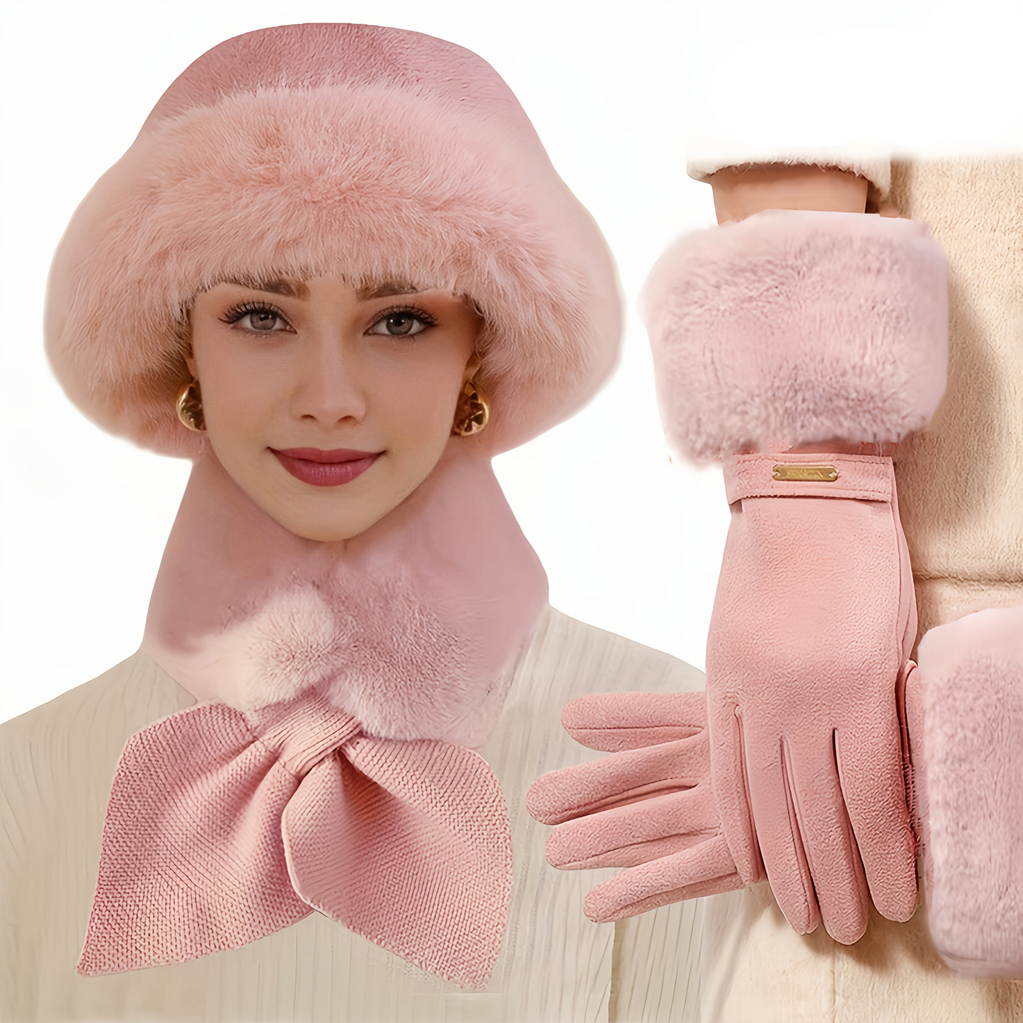 3-teiliges Hut Schal Handschuh Set Damen Winter mit Kunstpelz