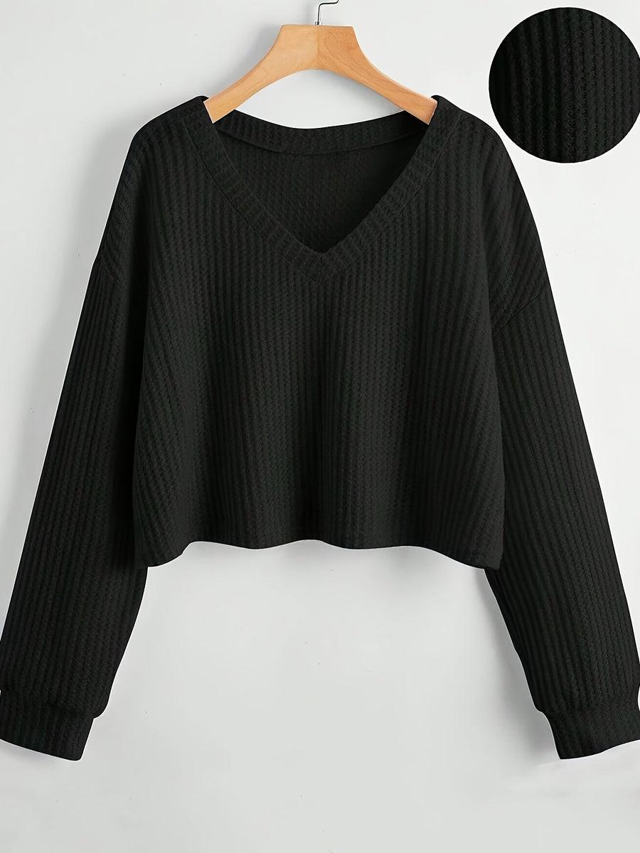 Damen Crop Top Strickpullover V-Ausschnitt Waffelstruktur Langarm