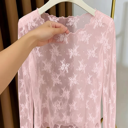 Damen Langarm Mesh-Top mit floraler Stickerei und femininen Details – Elegantes Statement für besondere Anlässe
