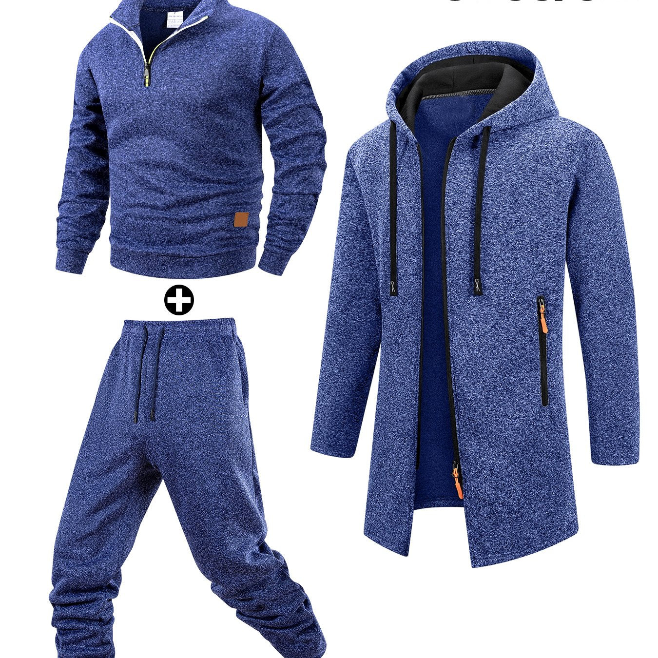 Herren 3-teiliger Trainingsanzug Set mit Kapuzenmantel, Pullover und Hose