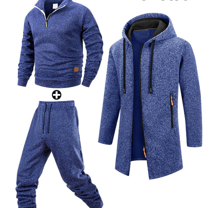 Herren 3-teiliger Trainingsanzug Set mit Kapuzenmantel, Pullover und Hose