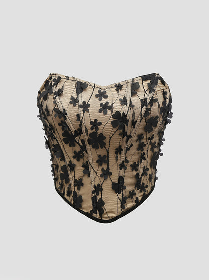 Damen Korsagen-Top mit 3D-Blumenstickerei und Herzausschnitt – Eleganter Party- und Abend-Look