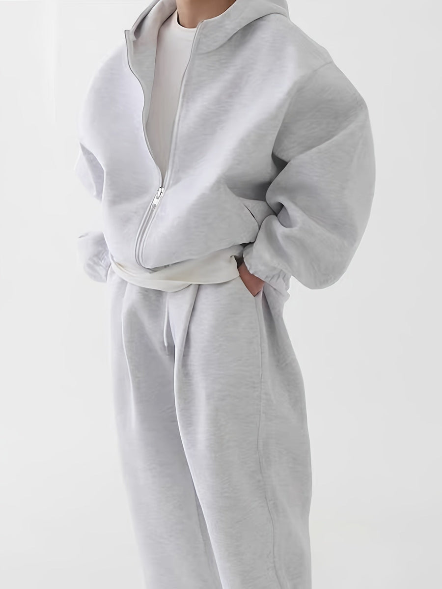 Unisex Trainingsanzug mit Kapuzenjacke und Jogginghose in Graumeliert