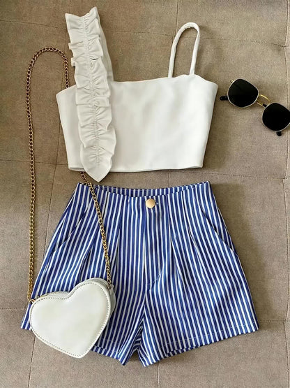 Damen Zweiteiler Set – Modisches Top mit Rüschen und Gestreifte Shorts, Stilvolles Outfit für Freizeit und Alltag