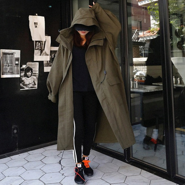 Lange trenchcoat voor dames met capuchon, olijfgroen