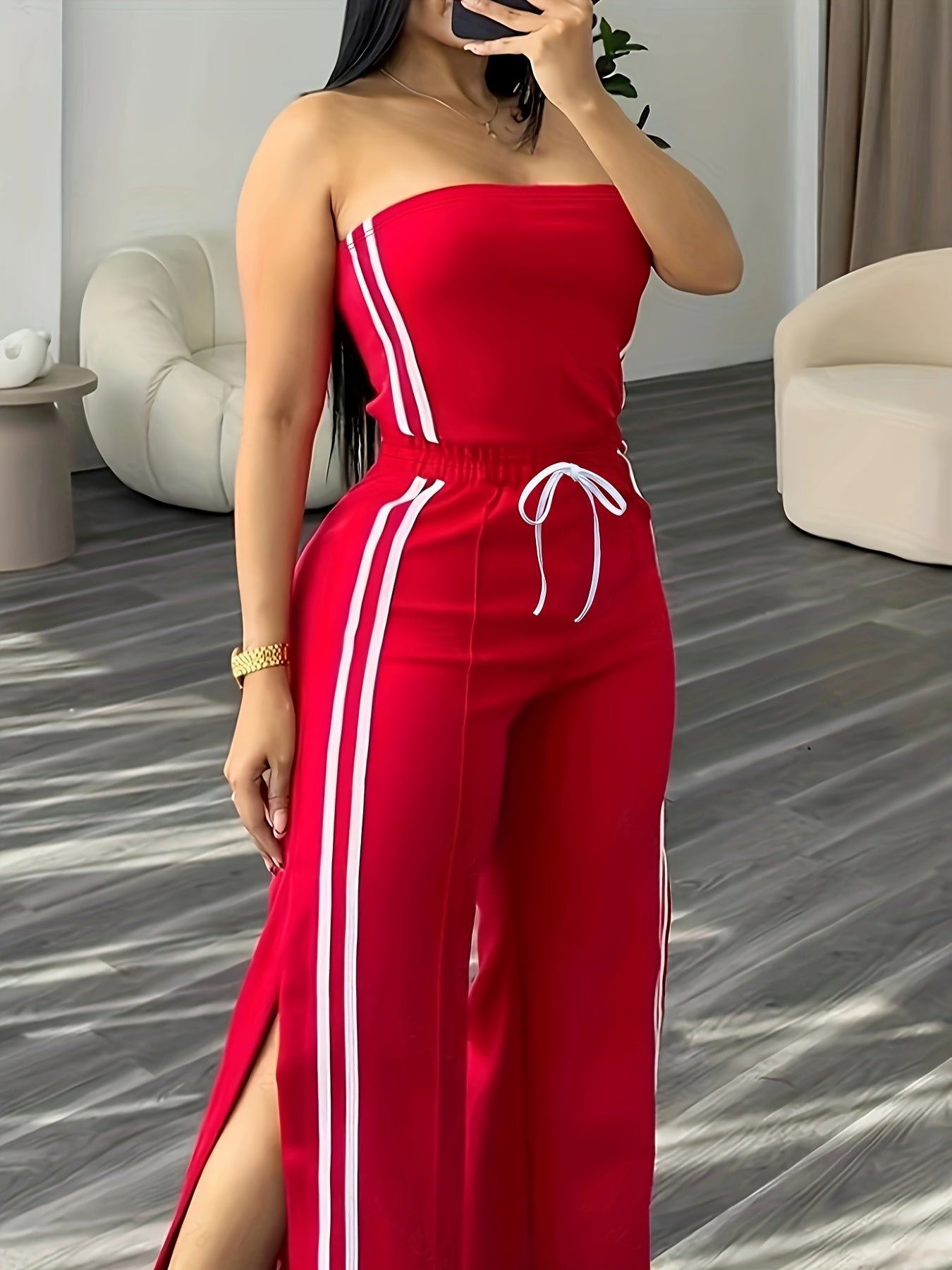 Damen Jumpsuit mit weitem Bein und sportlichem Streifen-Design – Modischer Freizeit Einteiler