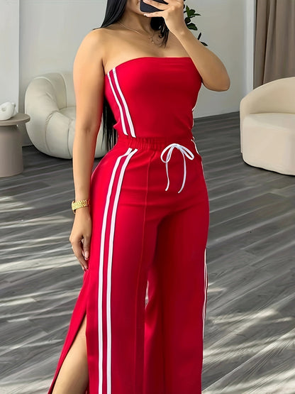 Damen Jumpsuit mit weitem Bein und sportlichem Streifen-Design – Modischer Freizeit Einteiler