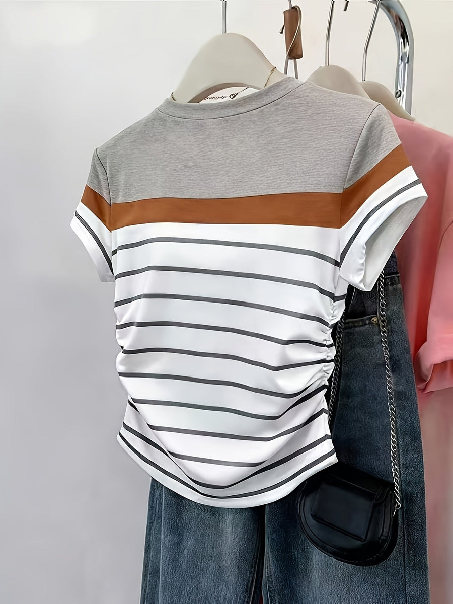 Damen T-Shirt im Streifen-Design mit modischen Raffungen – Perfekt für Freizeit und Alltag