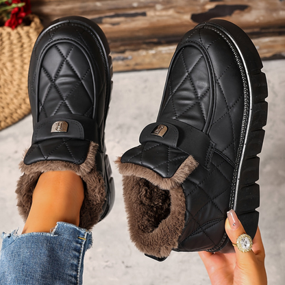 Damen Winter Stiefeletten Schwarz gesteppt mit Kunstfellfutter & dicker Sohle
