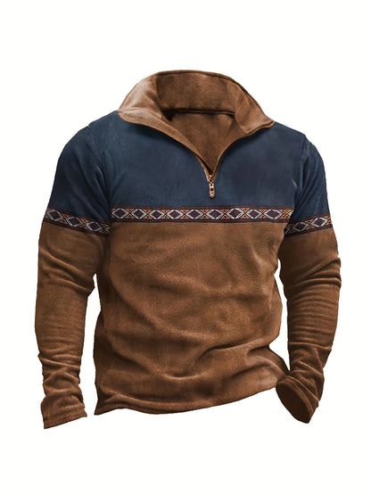 Herren Halb-Reißverschluss Pullover Braun Blau mit Muster