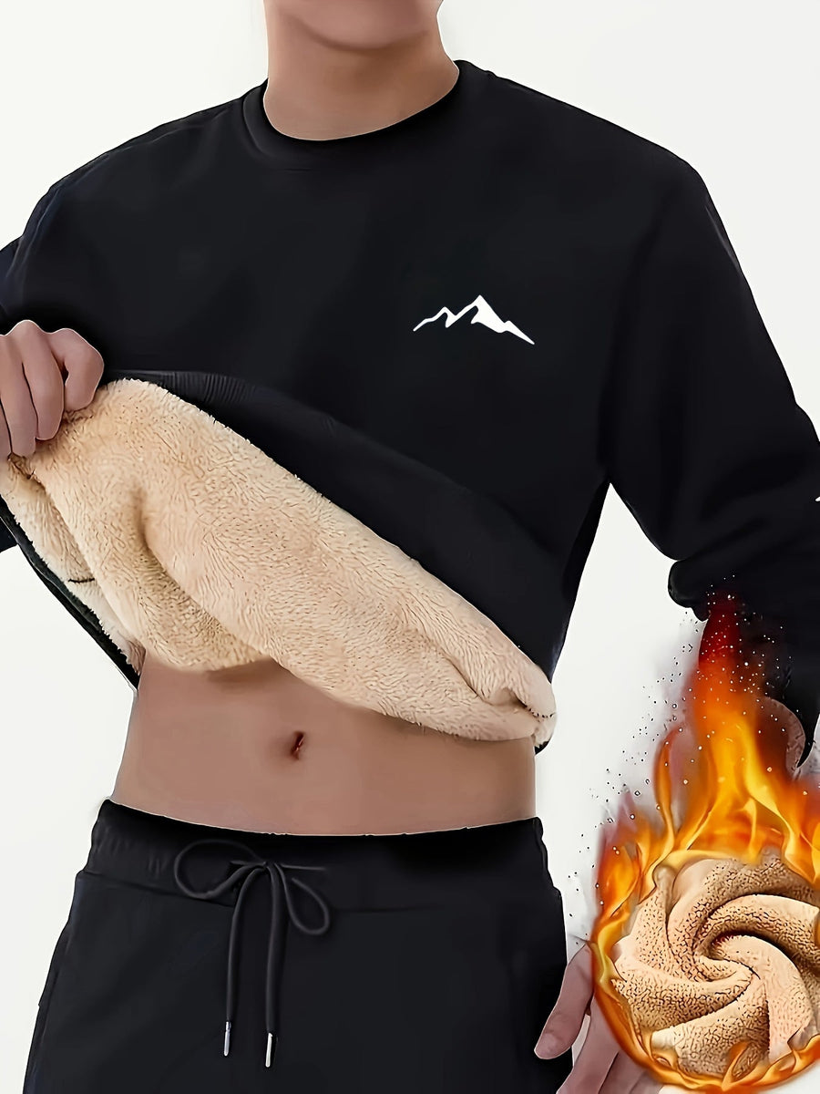 Unisex Winter Sweatshirt warm gefüttert mit Bergmotiv Langarm Rundhals Pullover