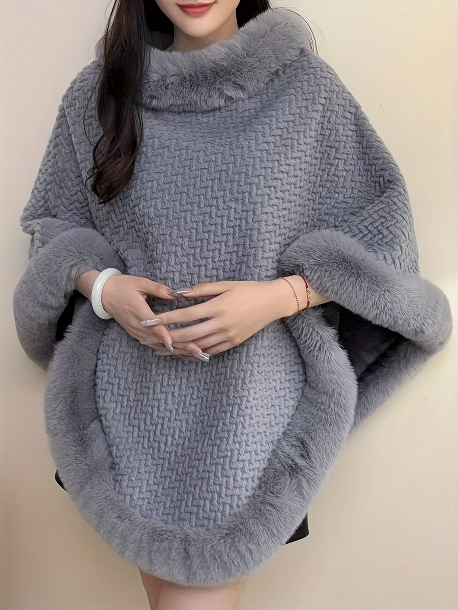 Damen Poncho Kuschelig Weich mit Kunstpelzbesatz Rollkragen