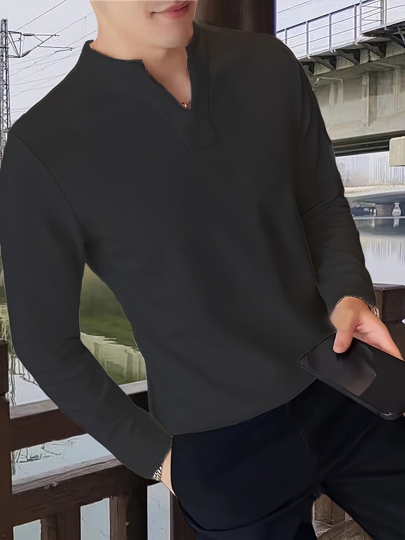 Herren Langarmshirt Henley Kragen Rippstruktur V-Ausschnitt Freizeit Business