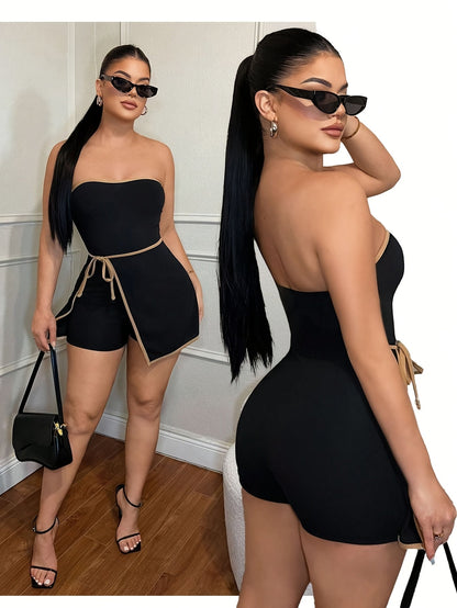 Damen Eleganter Bandeau Jumpsuit mit Gürtel und asymmetrischem Rock-Overlay – Stilvoller Einteiler für Alltag und Ausgehen