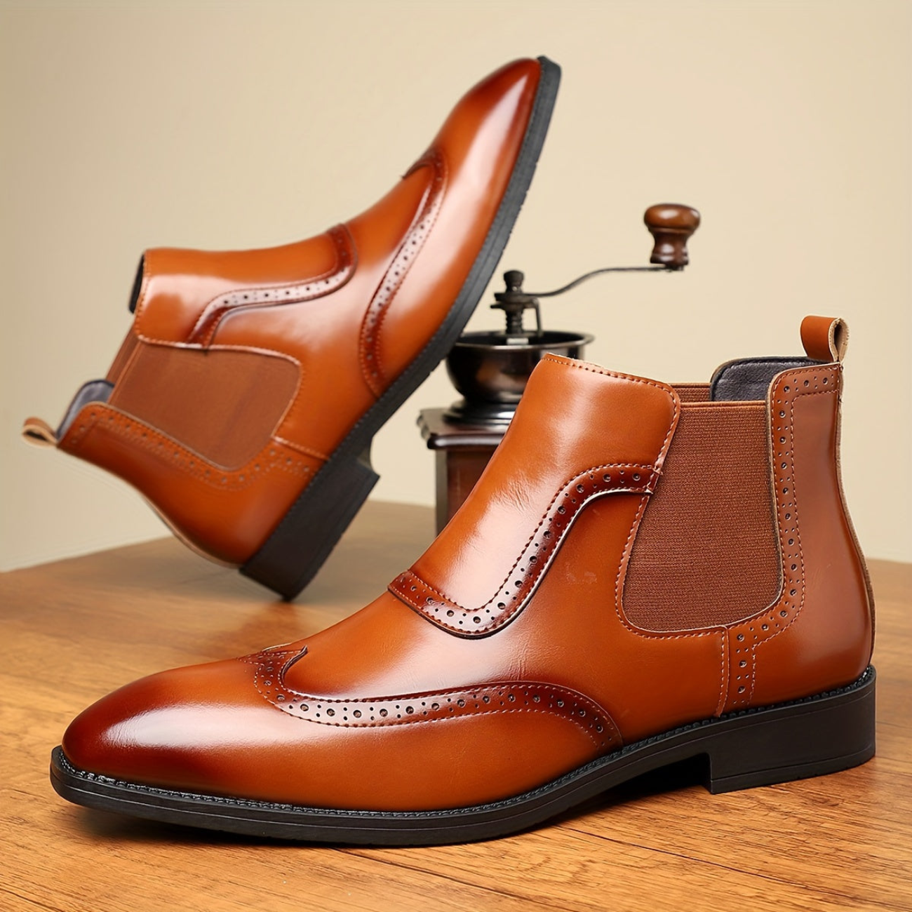 Herren Chelsea Boot Brogue Glatt Optik Elastikeinsatz Elegant Business