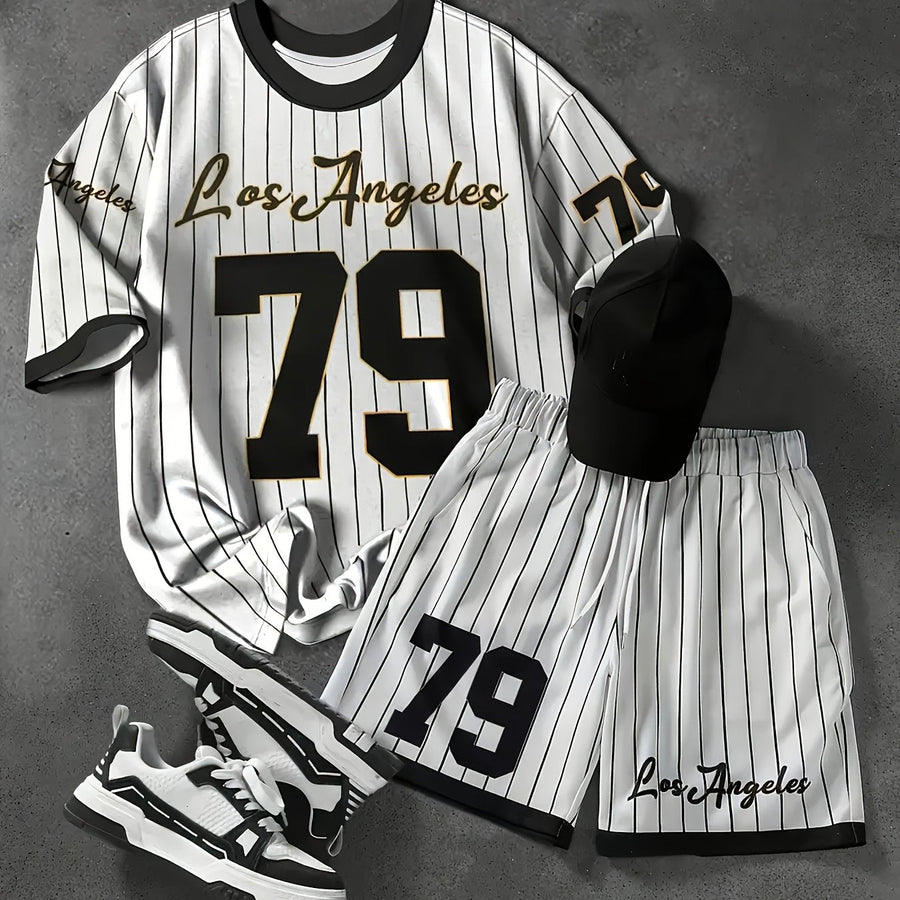 Herren Sportset Los Angeles 79 – Pinstripe Shirt und Shorts im Retro-Stil