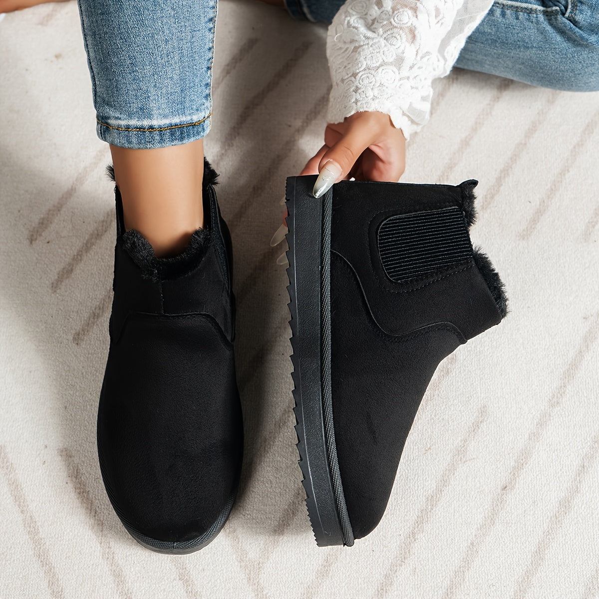 Chelsea Boots Damen gefüttert Winter Stiefeletten warm Plüschimitat Grau