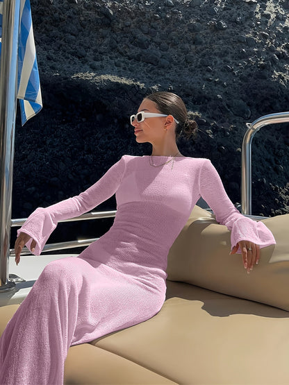 Damen Maxi Kleid mit langen Ärmeln und elegantem Wave-Design – Stilvolles Urlaubsoutfit für Strand und Yacht