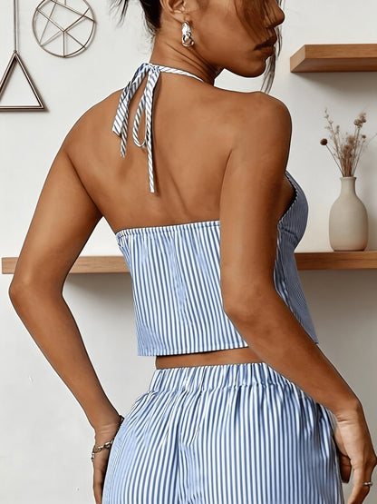 Damen Halter Top mit Streifen und Bindeband – Modisches Sommer Oberteil für Freizeit & Urlaub