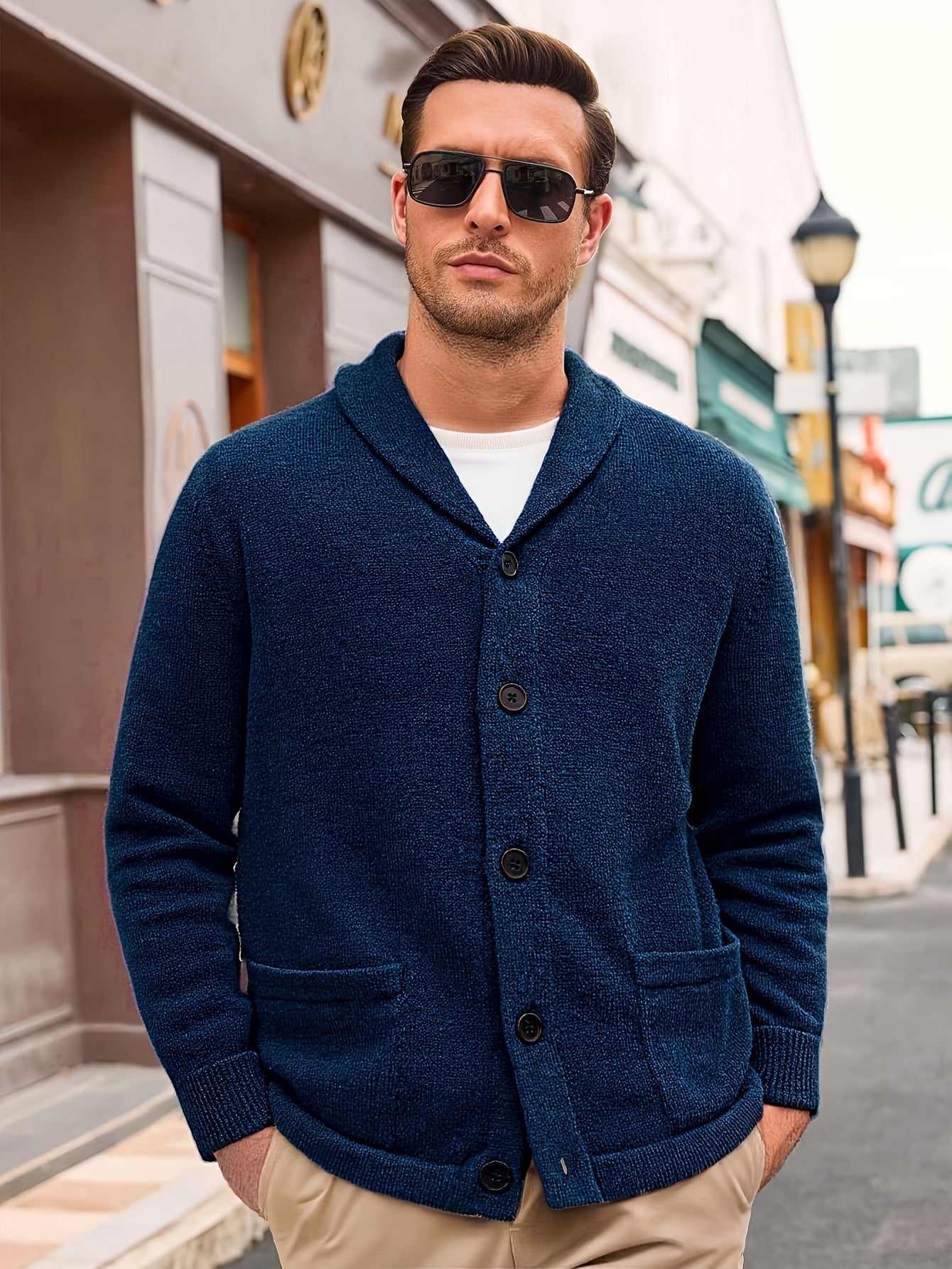 Herren Strickjacke Schalkragen Knopfleiste Dunkelblau Langarm