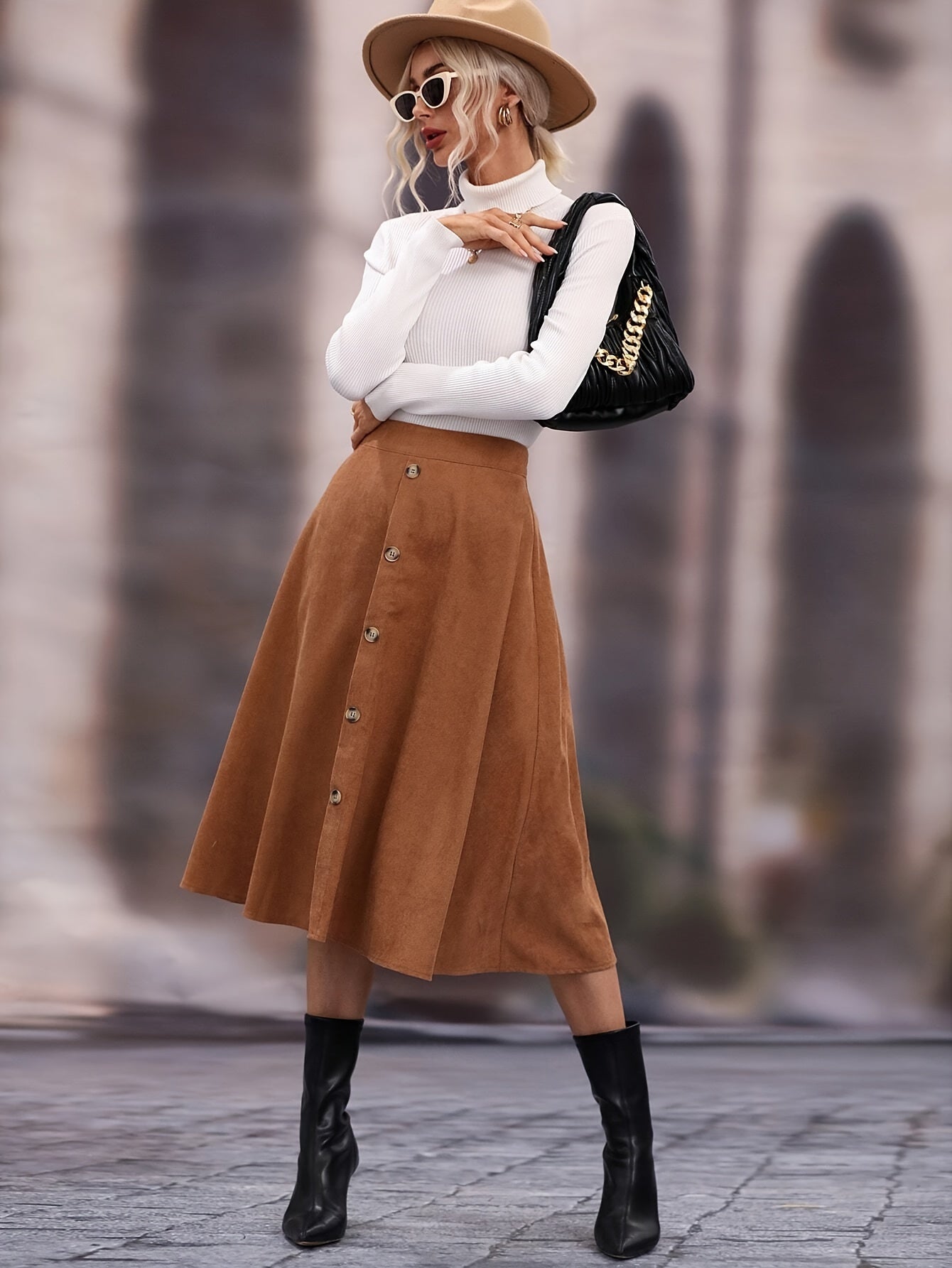 Damen A-Linien Rock Midi mit Knopfleiste Hoher Taille Braun