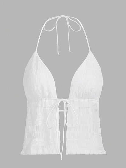Damen Halterneck Camisole Top mit Raffung und Bindeband – Modisches Party- und Ausgehoberteil