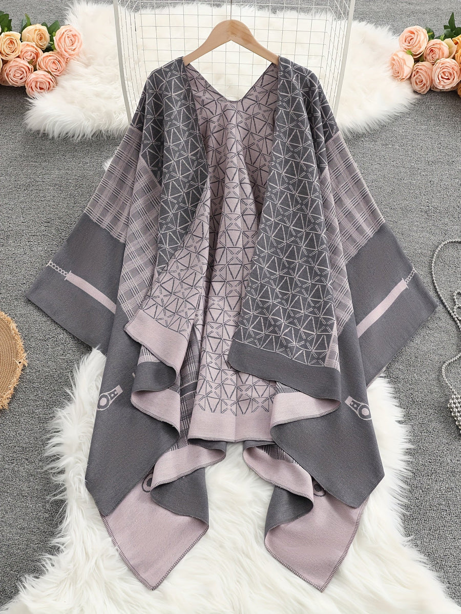 Damen Poncho Cape mit offenem Vorderteil und geometrischem Muster – Boho Stil für Alltag und Freizeit