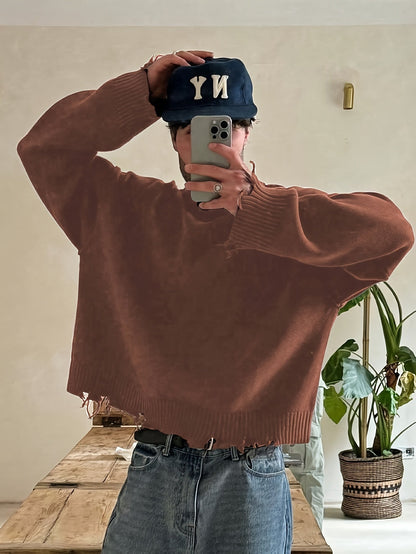 Unisex Distressed Pullover mit Rundhals und Rippstrickbündchen