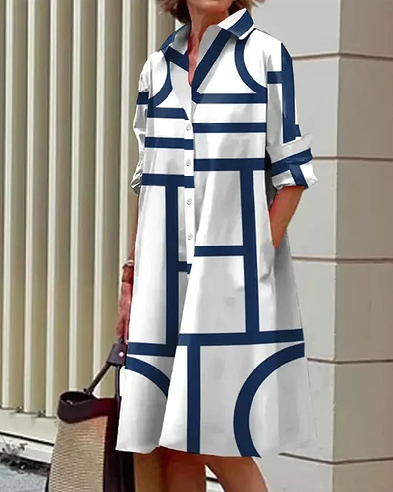 Damen Shirtkleid mit geometrischem Muster und Taschen – Lässiger, moderner Stil für Alltag und Büro