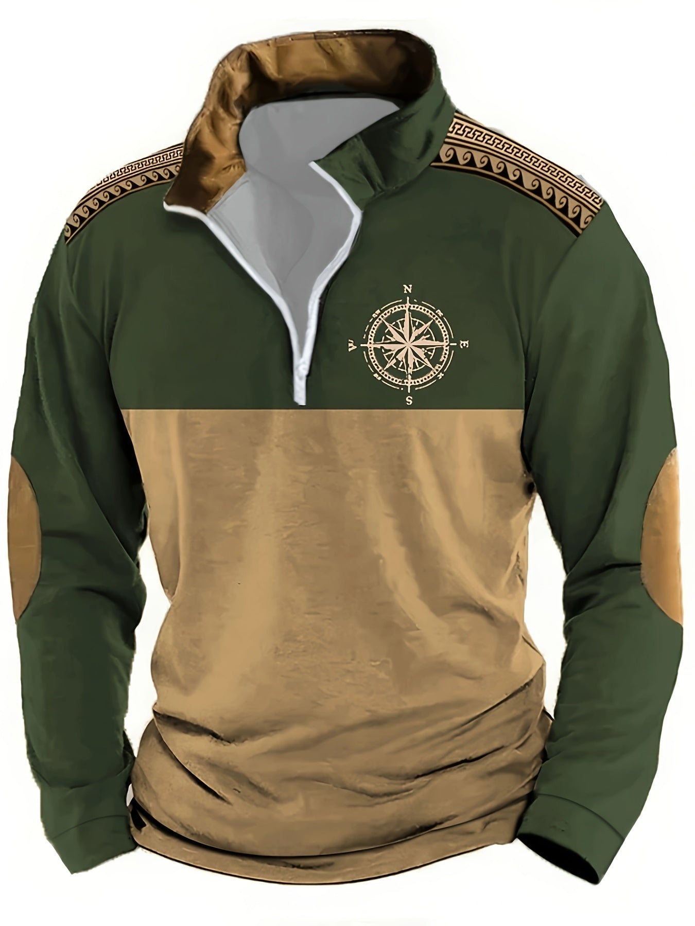 Herren Halb-Reißverschluss Pullover mit Kompass-Motiv, Kragen & Ellenbogen-Patches, Zweifarbig