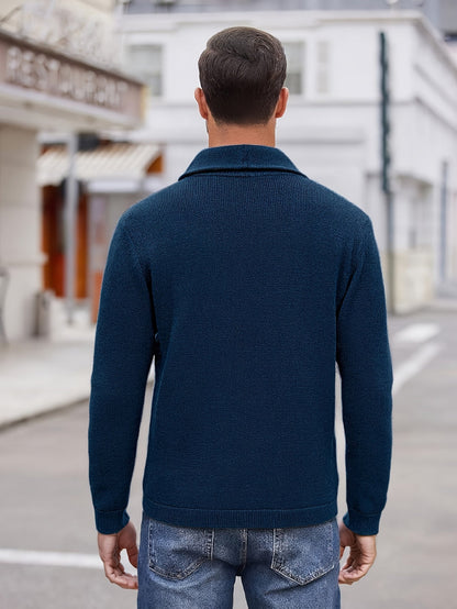 Herren Strickjacke Schalkragen Knopfleiste Dunkelblau Langarm