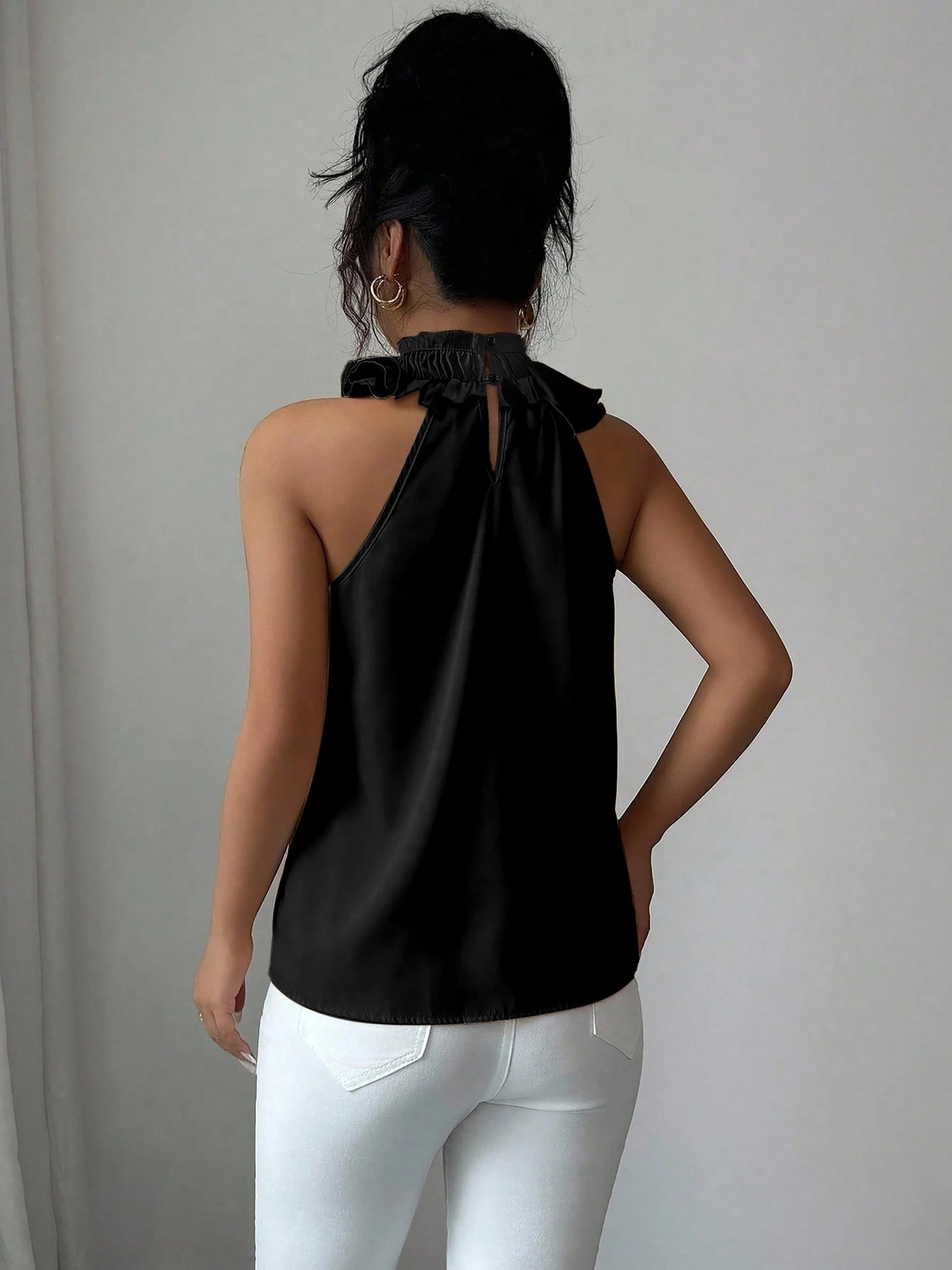 Damen Rüschenbluse mit Stehkragen – Elegante ärmellose Bluse für festliche Anlässe und Büro