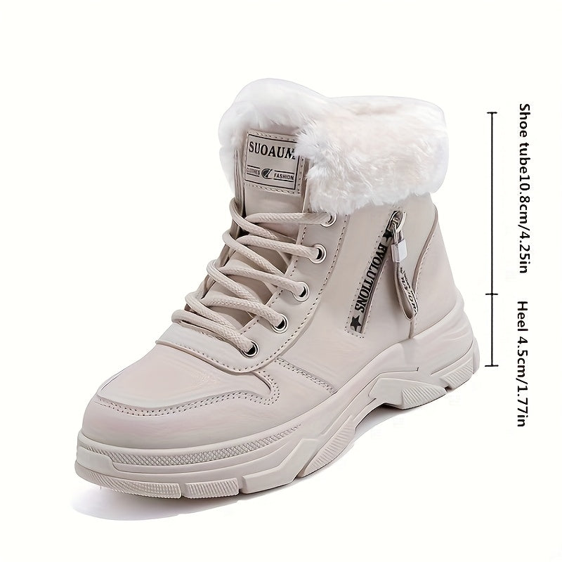 Winterstiefel Damen gefüttert Weiß Khaki Schnürung Profilsohle