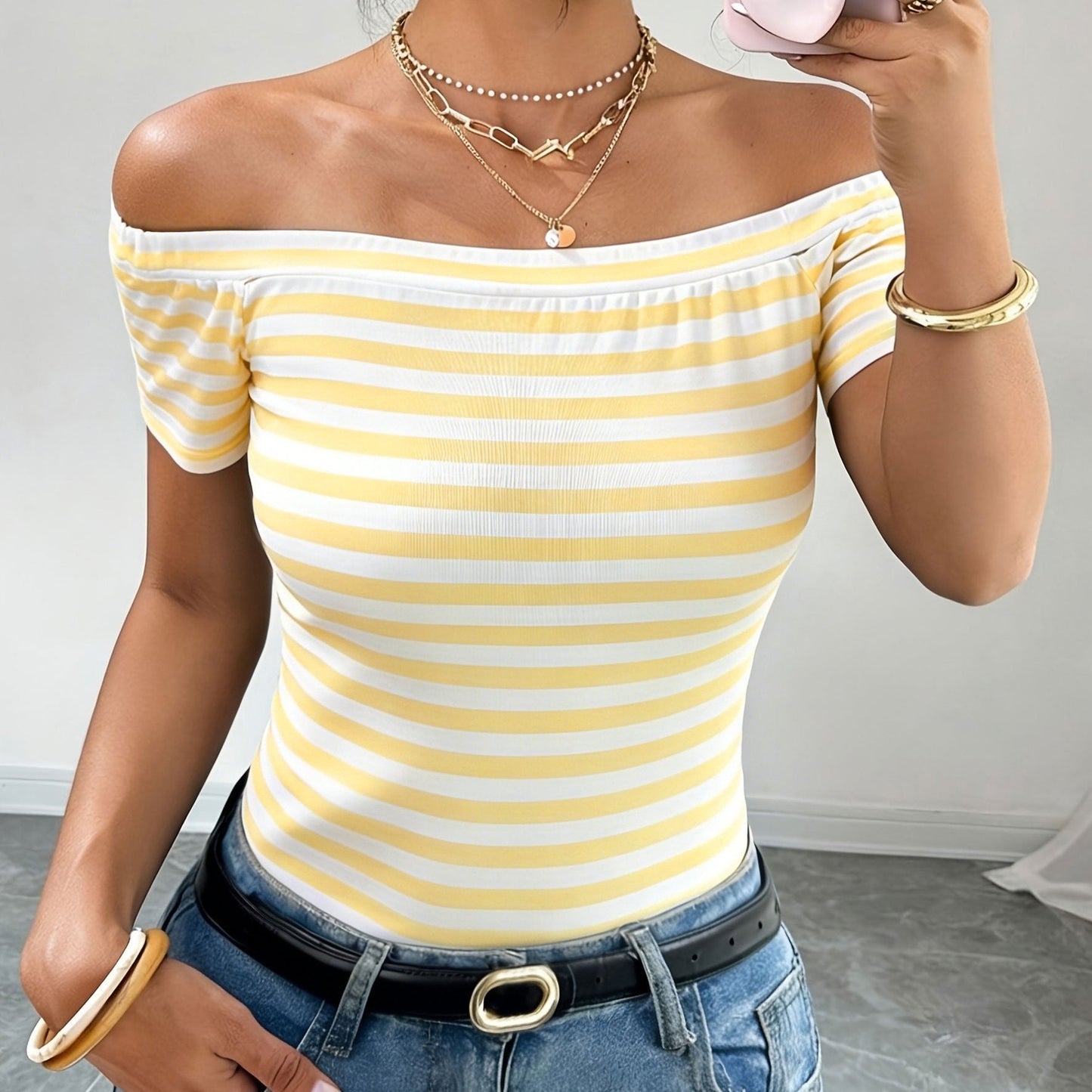Damen Off-Shoulder Streifen-Shirt – Elegantes Bardot-Oberteil für Freizeit und Ausgehen