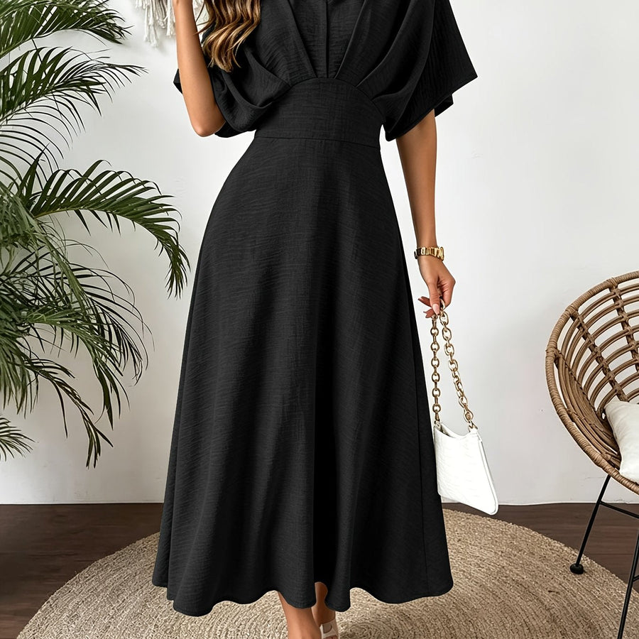 Damen Midi Kleid mit V-Ausschnitt & Fledermausärmeln, Tailliert, Grün