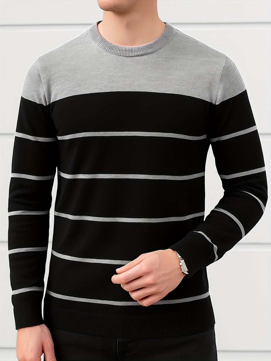 Herren Rundhals-Pullover Gestreift – Langarm, Farbblock-Design