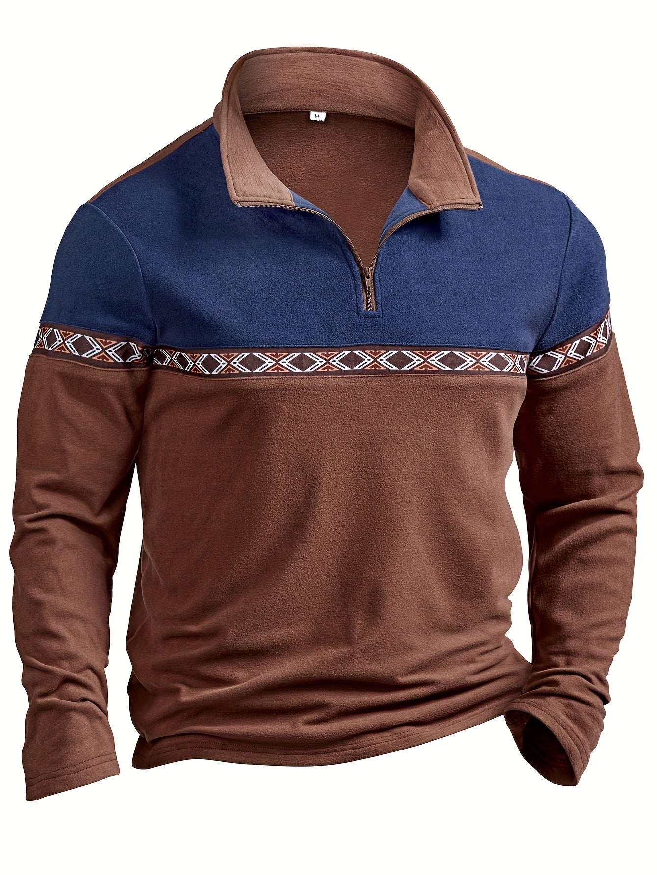 Herren Halb-Reißverschluss Pullover Braun Blau mit Muster