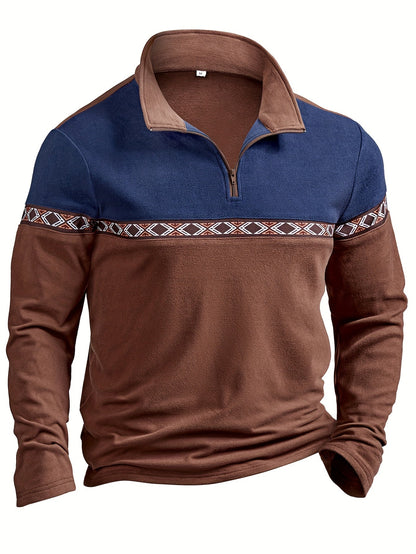 Herren Halb-Reißverschluss Pullover Braun Blau mit Muster