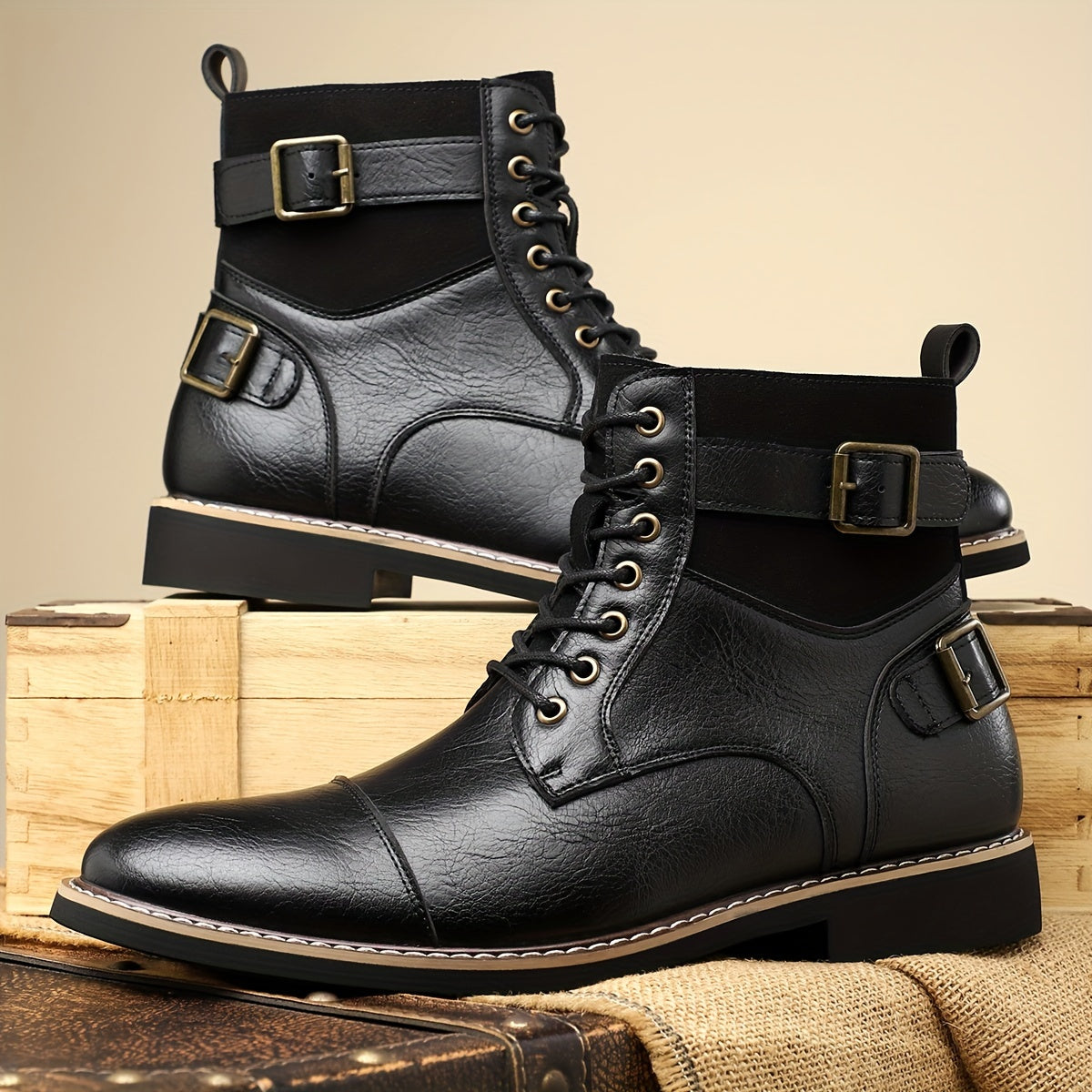 Herren Schnürstiefel Braun mit Schnallen und Profilsohle