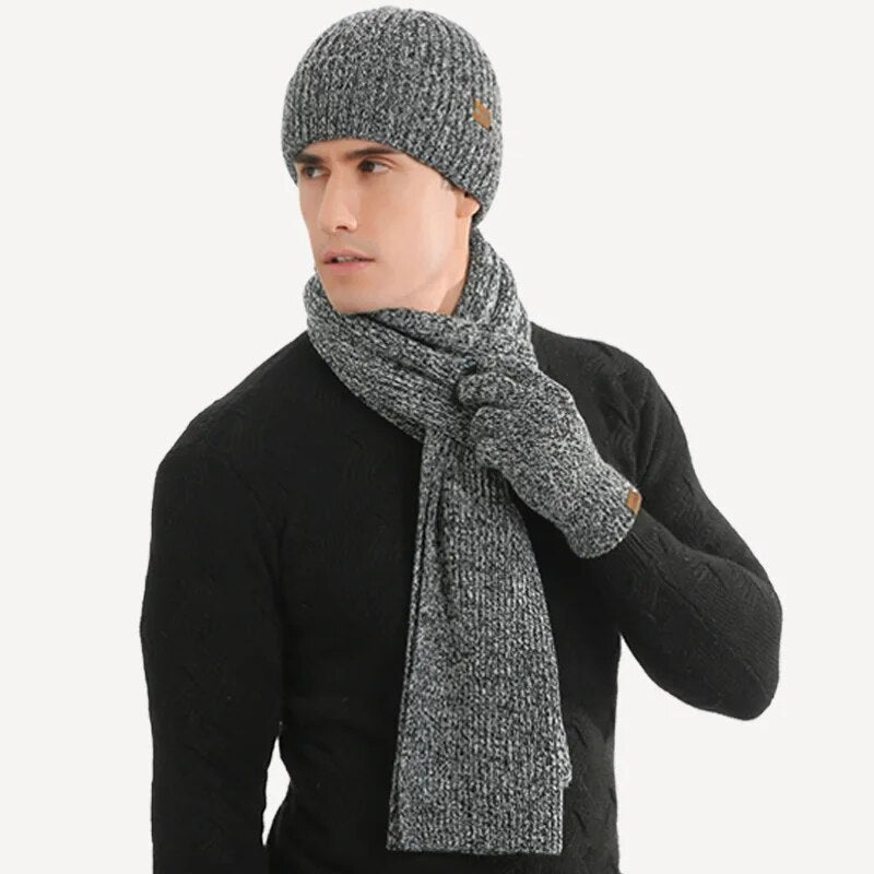 Unisex Strickmütze Schal Handschuhe Set Gerippt Winter Warm