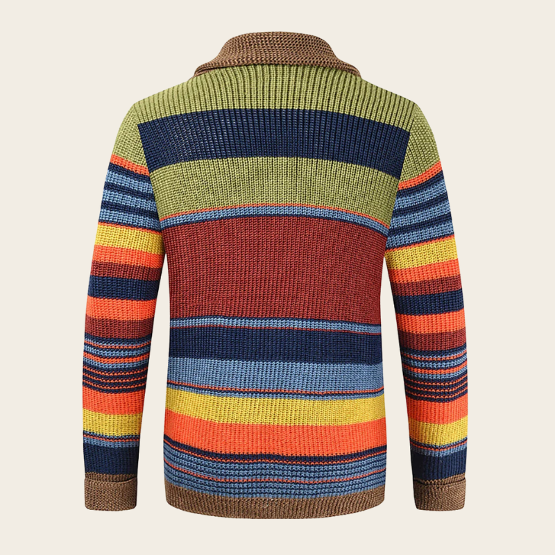 Gestrickter Herren Cardigan mit Schalkragen und Knopfleiste, Querstreifen Muster
