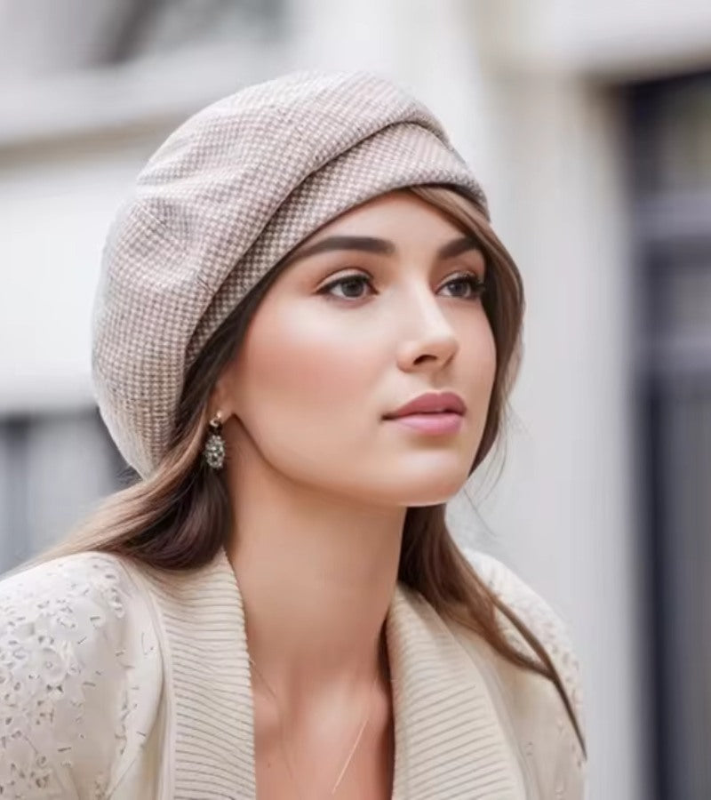 Damen Barett Mütze mit Karomuster Beige