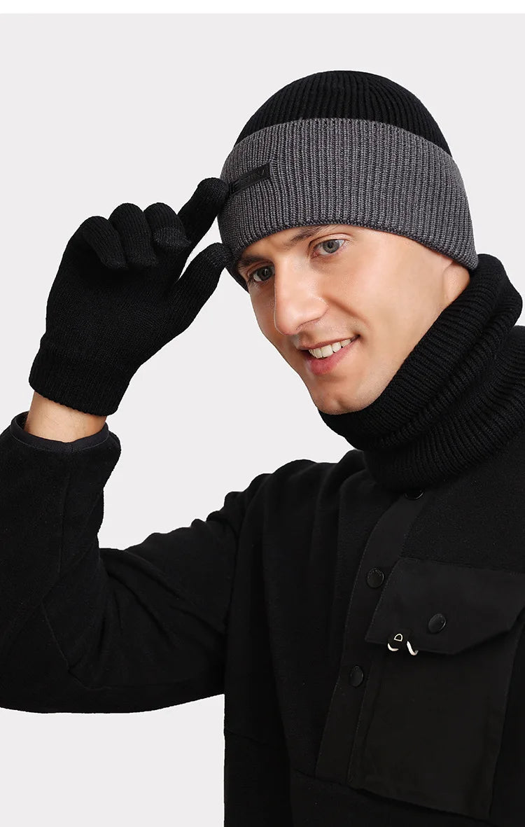 Unisex Strickmütze & Halswärmer Set, Gerippt, Dunkelgrau-Schwarz