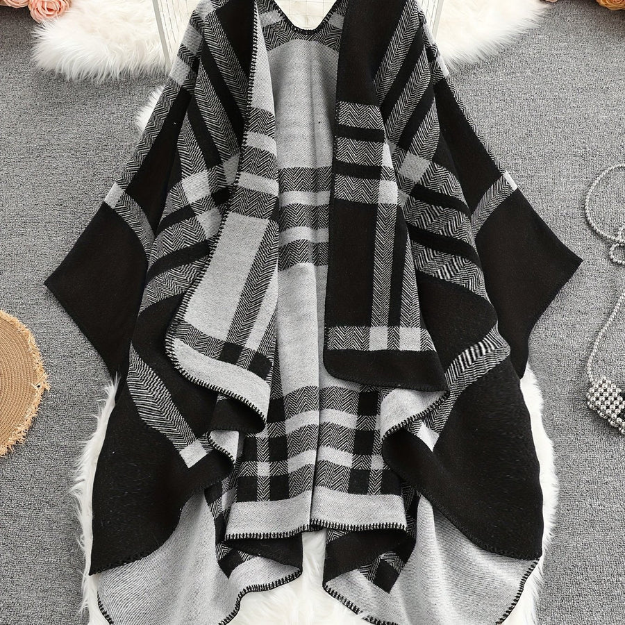 Damen Poncho Cape mit offenem Vorderteil und geometrischem Muster – Boho Stil für Alltag und Freizeit
