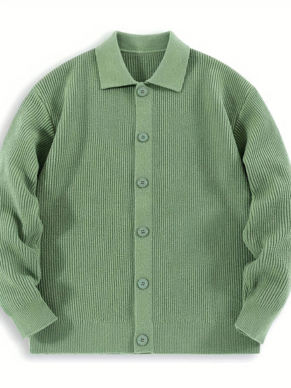 Gerippte Strickjacke für Herren mit Knopfleiste, Polo-Kragen, Langarm