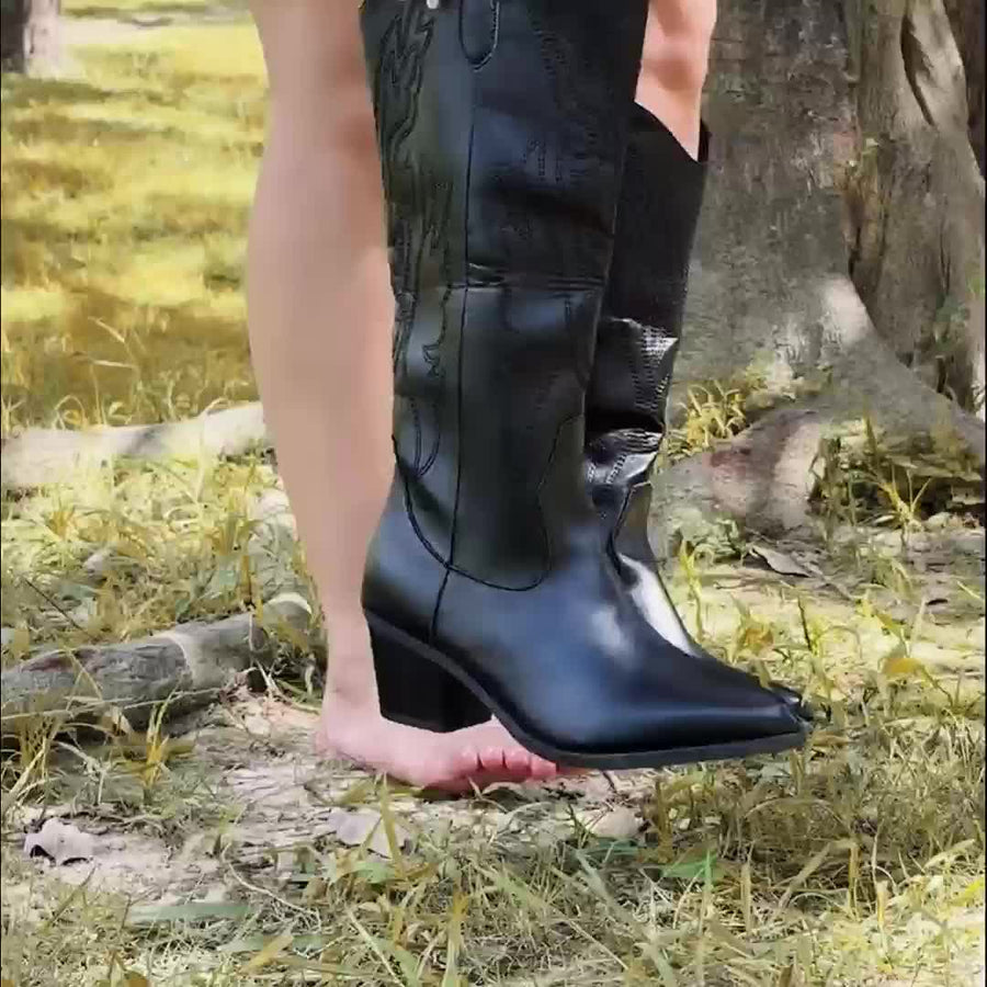 Zwarte laarzen in westernstijl met borduursel - Hoge cowboylaarzen