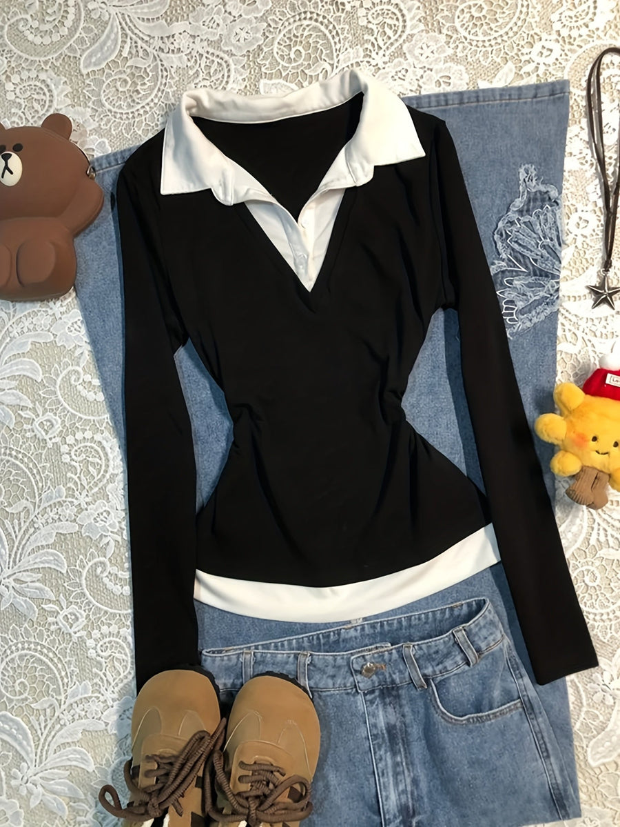 Damen Langarmshirt Schwarz Weiß mit Polo-Kragen