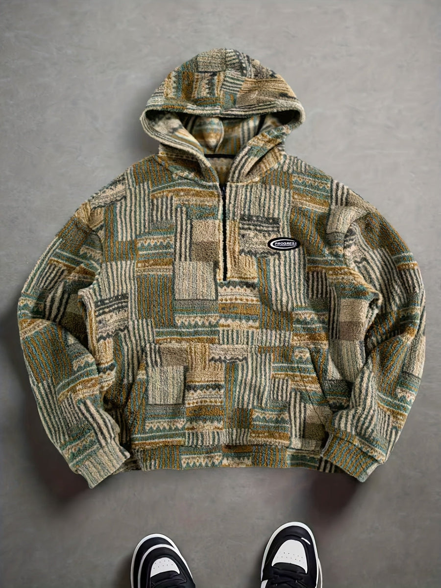 Heren patchwork-hoodie van teddyfleece met quarter-zip