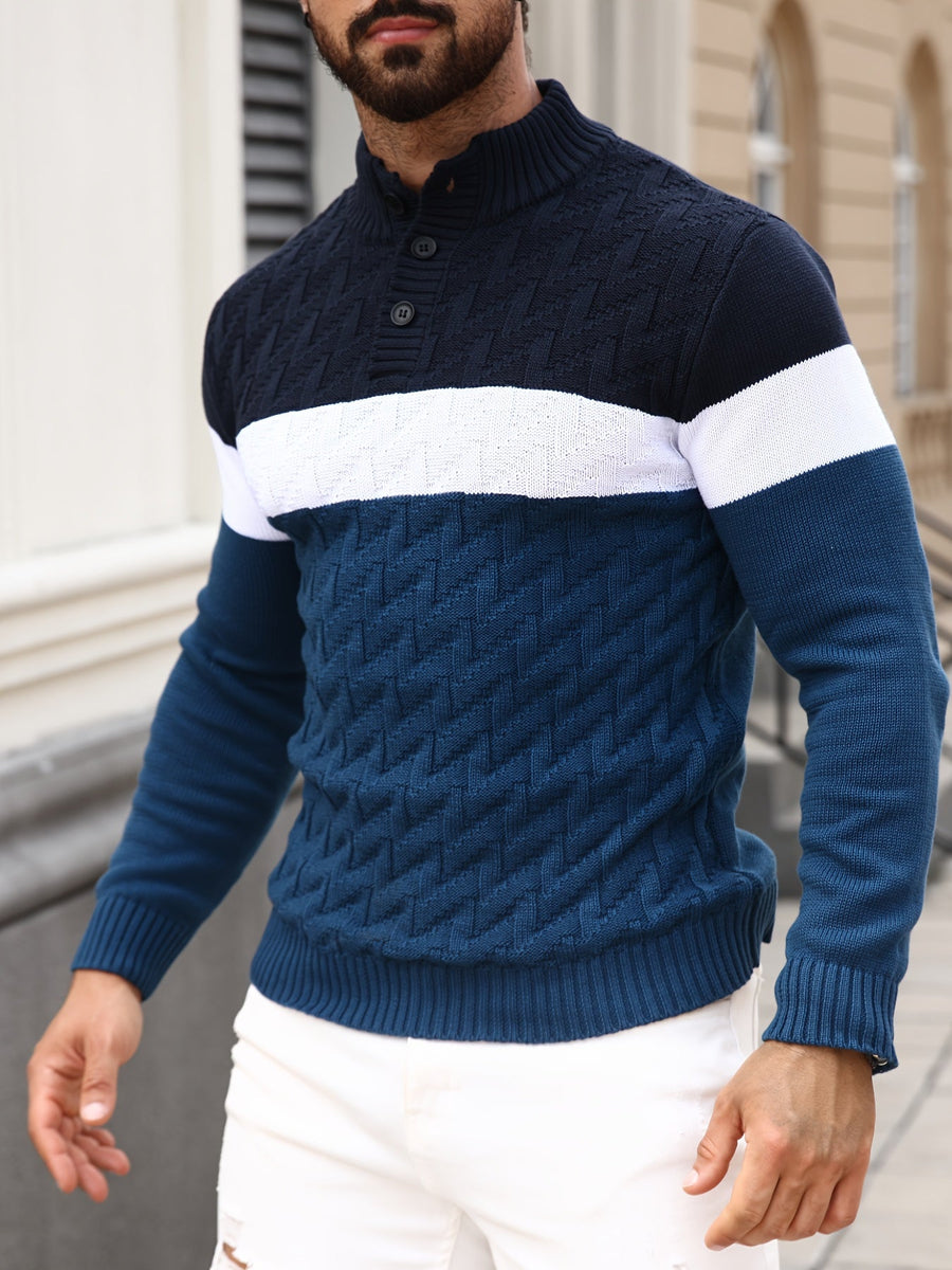Herren Strickpullover mit Stehkragen und Knopfleiste, Farbblock Design